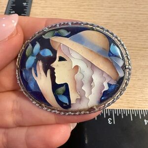 Vintage Art Deco Style Enamel Portrait Brooch Woman in Hat Blue Silver Tone 2"